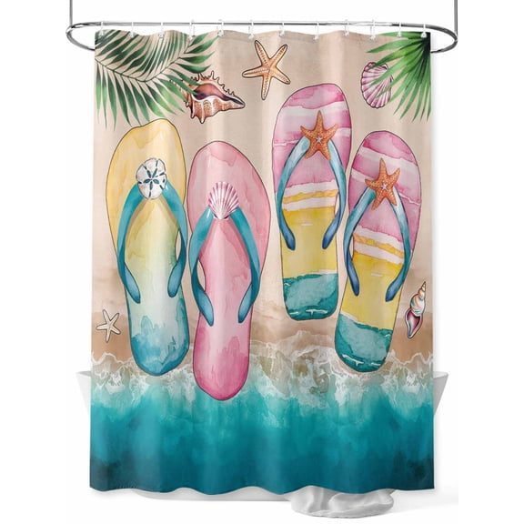 Fsddascl Summer Pink Slippers Shower Curtain Set - Small 36" x 72" Bathtub Curtain with 12 Hooks, Turquoise Beach Coastal Starfish Waterproof Fabric Stall Shower Curtains for Bathroom/Bathtub