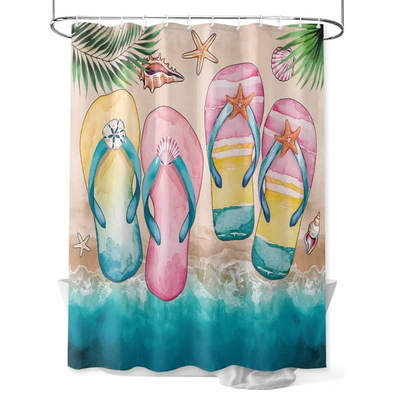 Fsddascl Summer Pink Slippers Shower Curtain Set - Standard 72" x 72" Bathtub Curtain with 12 Hooks, Turquoise Beach Coastal Starfish Waterproof Fabric Stall Shower Curtains for Bathroom/Bathtub