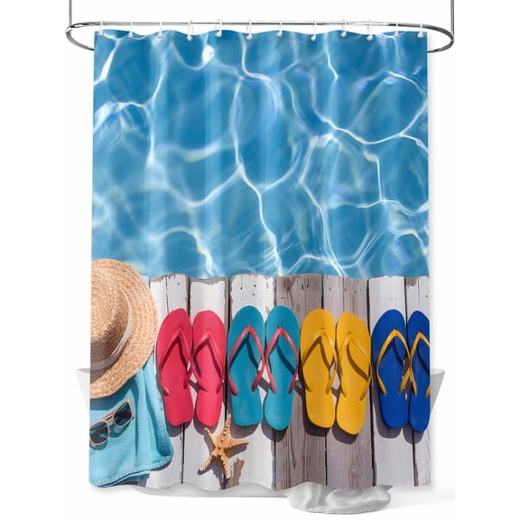 Fsddascl Summer Slippers Shower Curtain Set - Extra Long 72" x 96" Washable Bathtub Curtain with 12 Hooks, Tropical Straw Hat Pool Wood Grain Waterproof Fabric Stall Shower Curtains for Bathroom