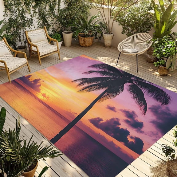Fsddascl Summer Sunset Outdoor Rug for Patio/Deck/Porch, Non-Slip Large Area Rug 4 x 6 Ft, Ocean Seaside Sky Cloud Scenery Palm Tree Indoor Outdoor Rugs Washable Area Rugs, Camping Rug Carpet