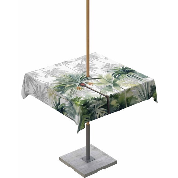 Fsddascl Summer Tropical Leaves Outdoor Tablecloth - 54x54 Inch Square Dining Table Cover, Green Botanical Palm Trees Waterproof Outdoor Table Cloth with Umbrella Hole & Zipper for Picnic/Patio