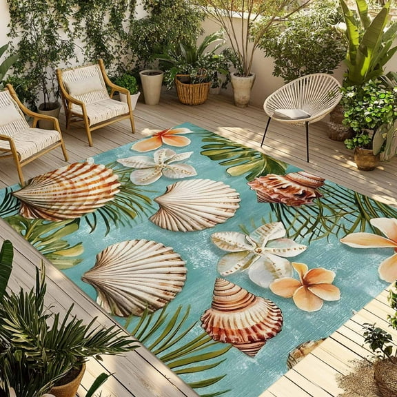 Fsddascl Summer Tropical Outdoor Rug for Patio/Deck/Porch, Non-Slip Large Area Rug 4 x 6 Ft, Coastal Shell Flower Palm Leaf Indoor Outdoor Rugs Washable Area Rugs, Reversible Camping Rug Carpet