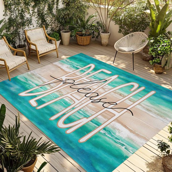 Fsddascl Summer Turquoise Beach Outdoor Rug for Patio/Deck/Porch, Non-Slip Large Area Rug 4 x 6 Ft, Sand Coastal Waves Gradient Indoor Outdoor Rugs Washable Area Rugs, Reversible Camping Rug Carpet