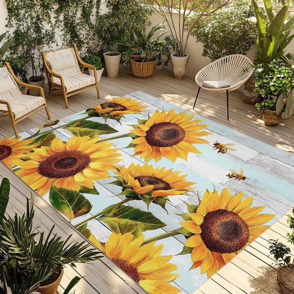 Fsddascl Sunflower Bee Outdoor Rug for Patio/Deck/Porch, Non-Slip Large Area Rug 4 x 6 Ft, Blue Striped Spring Farm Botanical Art Indoor Outdoor Rugs Washable Area Rugs, Camping Rug Carpet