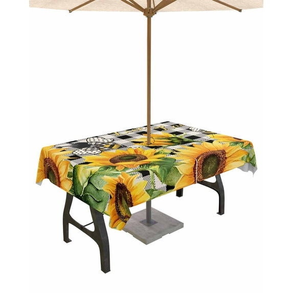 Fsddascl Sunflower Bee Outdoor Tablecloth - 52x70 Inch Rectangle Dining Table Cover, Black Buffalo Plaid Botanical Leaf Floral Waterproof Outdoor Table Cloth with Umbrella Hole & Zipper for Patio