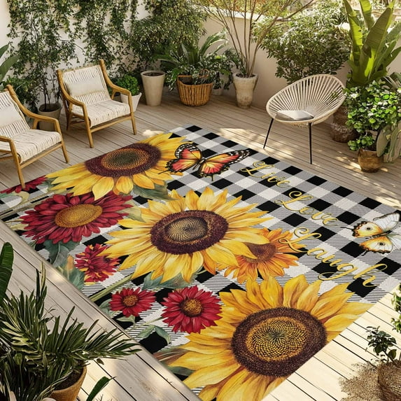 Fsddascl Sunflower Black Check Outdoor Rug for Patio/Deck/Porch, Non-Slip Large Area Rug 4 x 6 Ft, Farmhouse Flowers Butterfly Indoor Outdoor Rugs Washable Area Rugs, Reversible Camping Rug Carpet