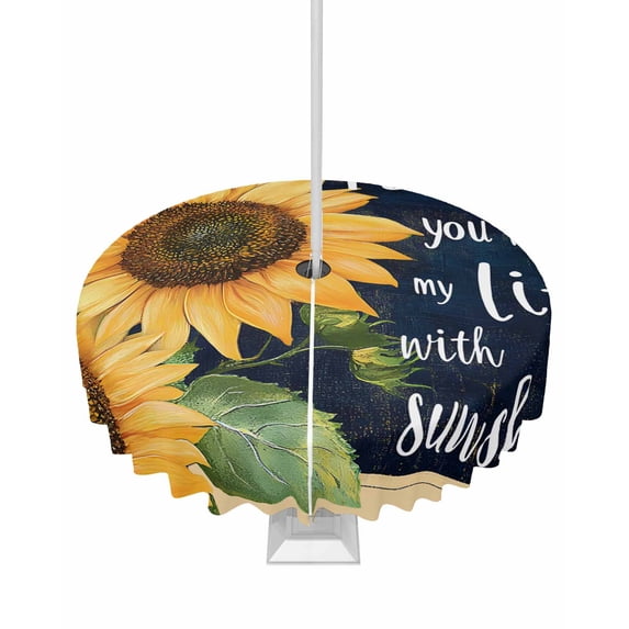 Fsddascl Sunflower Black Outdoor Tablecloth - 54 Inch Round Dining Table Cover, Vintage Yellow Floral Botanical Plant Waterproof Outdoor Table Cloth with Umbrella Hole & Zipper for Picnic/Patio