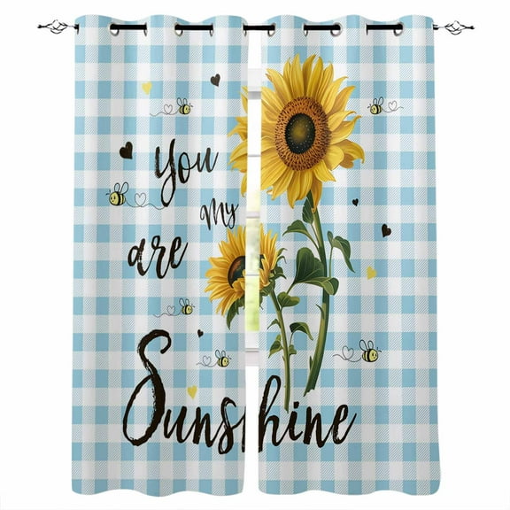 Fsddascl Sunflower Blackout Curtains for Bedroom/Living Room, Thermal Insulated Kitchen Curtains, Blue Plaid Farmhouse You Are My Sunshine Grommet Darkening Window Treatment Drapes 42"x63"x2
