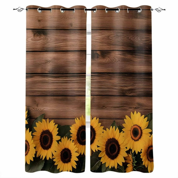 Fsddascl Sunflower Blackout Curtains for Bedroom/Living Room, Thermal Insulated Kitchen Curtains, Vintage Botanical Floral Wood Plank Plant Grommet Darkening Window Treatment Drapes 52"x63"x2