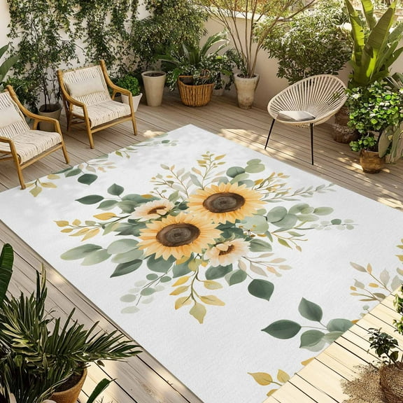 Fsddascl Sunflower Eucalyptus Outdoor Rug for Patio/Deck/Porch, Non-Slip Large Area Rug 4 x 6 Ft, Sage Green Botanical Watercolor Indoor Outdoor Rugs Washable Area Rugs, Camping Rug Carpet