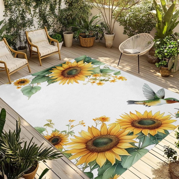 Fsddascl Sunflower Outdoor Rug for Patio/Deck/Porch, Non-Slip Large Area Rug 4 x 6 Ft, Green Summer Flower Birds Pastoral Indoor Outdoor Rugs Washable Area Rugs, Reversible Camping Rug Carpet Runner