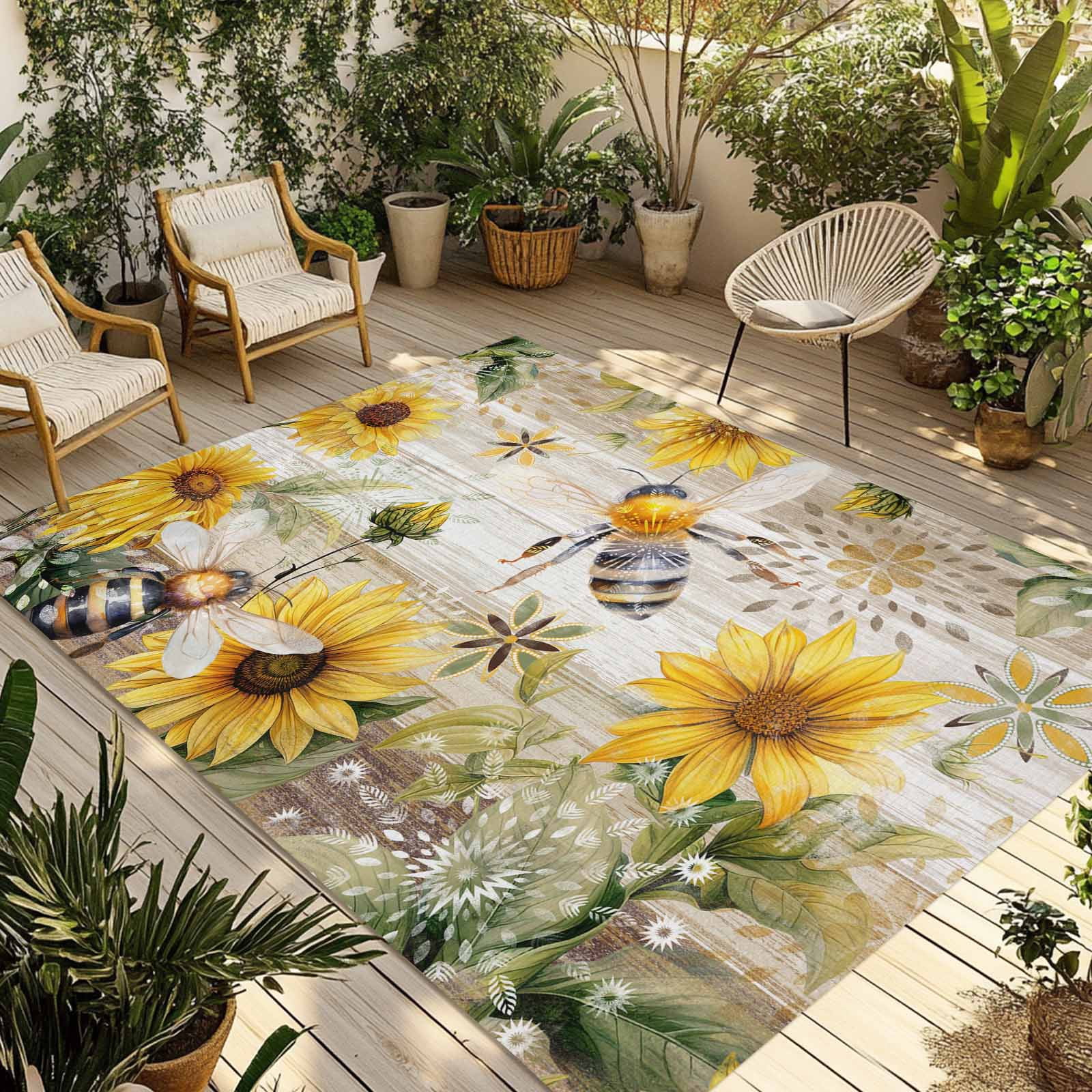 Fsddascl Sunflower Outdoor Rug for Patio/Deck/Porch, Non-Slip Large Area Rug 4 x 6 Ft, Vintage Summer Bee Botanical Farmhouse Indoor Outdoor Rugs Washable Area Rugs, Reversible Camping Rug Carpet