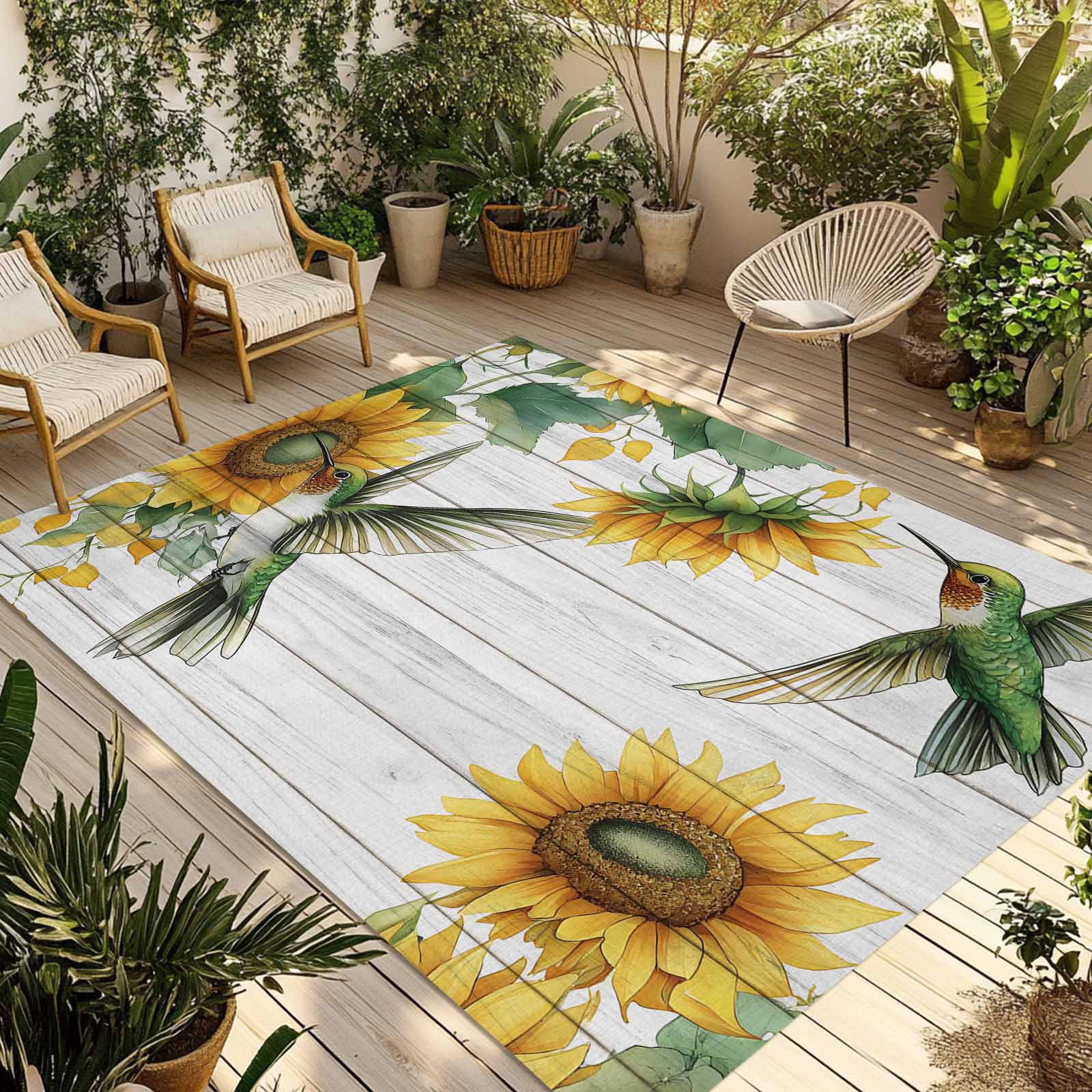 Fsddascl Sunflower Outdoor Rug for Patio/Deck/Porch, Non-Slip Large Area Rug 4 x 6 Ft, Yellow Summer Botanical Hummingbird Indoor Outdoor Rugs Washable Area Rugs, Reversible Camping Rug Carpet