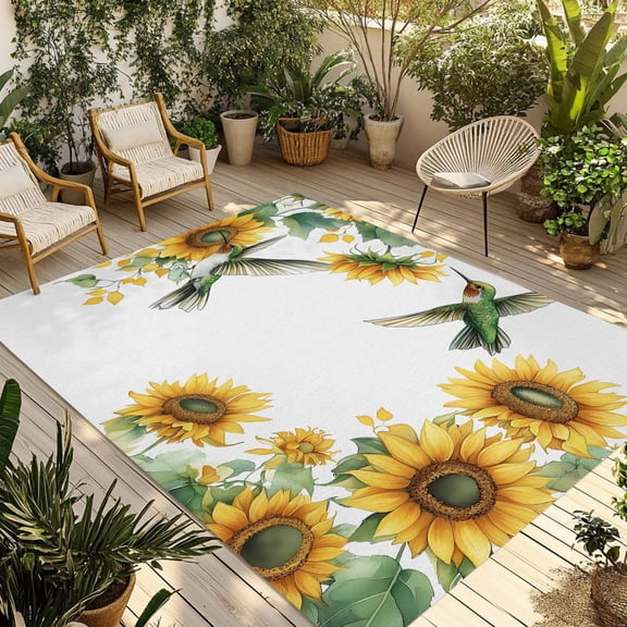 Fsddascl Sunflower Outdoor Rug for Patio/Deck/Porch, Non-Slip Large Area Rug 4 x 6 Ft, Yellow Summer Flower Hummingbird Retro Indoor Outdoor Rugs Washable Area Rugs, Reversible Camping Rug Carpet