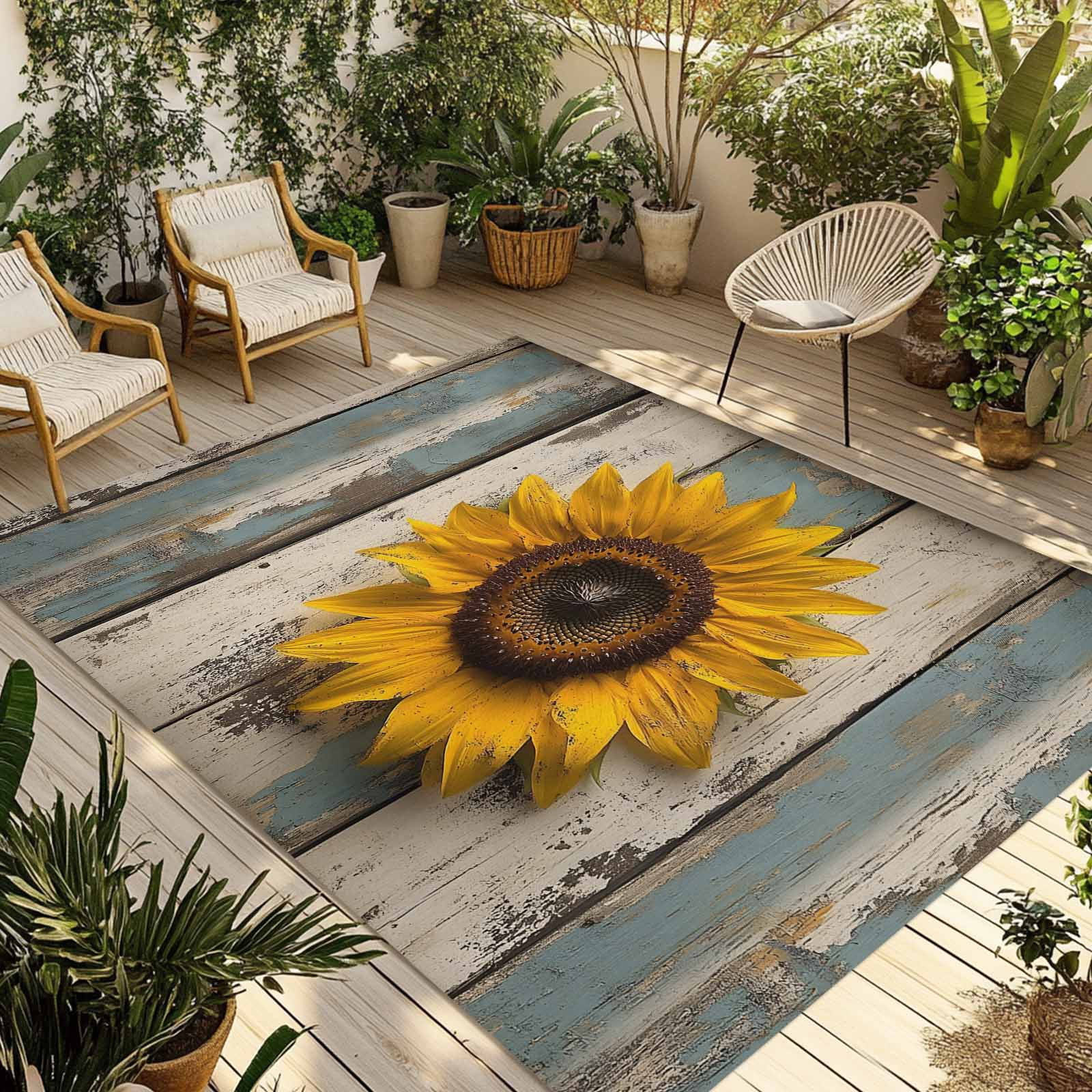 Fsddascl Sunflower Outdoor Rug for Patio/Deck/Porch, Non-Slip Large Area Rug 4 x 6 Ft, Yellow Vintage Summer Botanical Wooden Indoor Outdoor Rugs Washable Area Rugs, Reversible Camping Rug Carpet