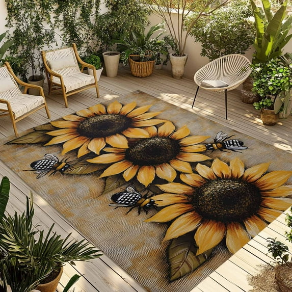Fsddascl Sunflower Outdoor Rug for Patio/Deck/Porch, Non-Slip Large Area Rug 5 x 8 Ft, Bee Vintage Summer Floral Pastoral Rustic Indoor Outdoor Rugs Washable Area Rugs, Reversible Camping Rug Carpet