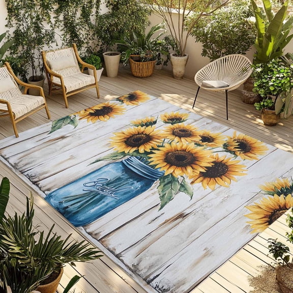 Fsddascl Sunflower Outdoor Rug for Patio/Deck/Porch, Non-Slip Large Area Rug 5 x 8 Ft, Summer Flower Plant White Wooden Plank Indoor Outdoor Rugs Washable Area Rugs, Reversible Camping Rug Carpet