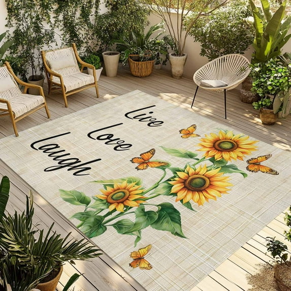 Fsddascl Sunflower Outdoor Rug for Patio/Deck/Porch, Non-Slip Large Area Rug 5 x 8 Ft, Watercolor Summer Botanical Butterfly Indoor Outdoor Rugs Washable Area Rugs, Reversible Camping Rug Carpet
