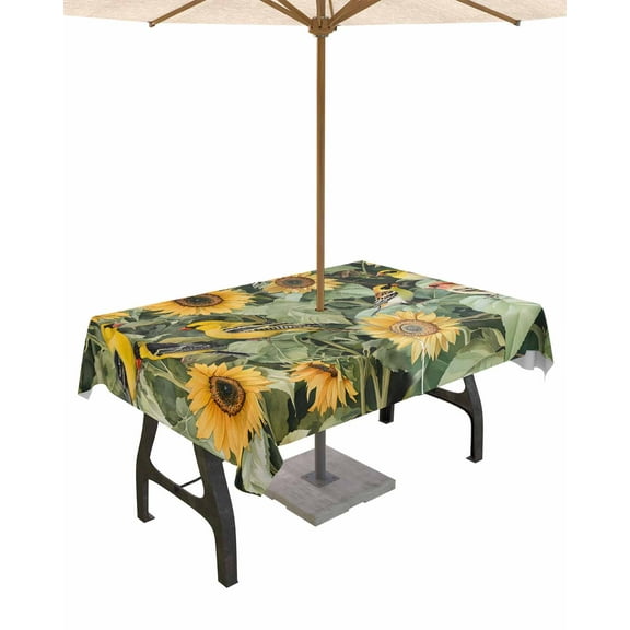 Fsddascl Sunflower Outdoor Tablecloth - 60x102 Inch Rectangle Dining Table Cover, Yellow Summer Floral Birds Pastoral Waterproof Outdoor Table Cloth with Umbrella Hole & Zipper for Picnic/Patio