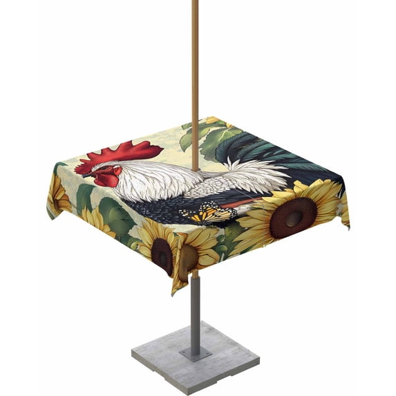 Fsddascl Sunflower Rooster Outdoor Tablecloth - 54x54 Inch Square Dining Table Cover, Vintage Watercolor Summer Floral Waterproof Outdoor Table Cloth with Umbrella Hole & Zipper for Picnic/Patio