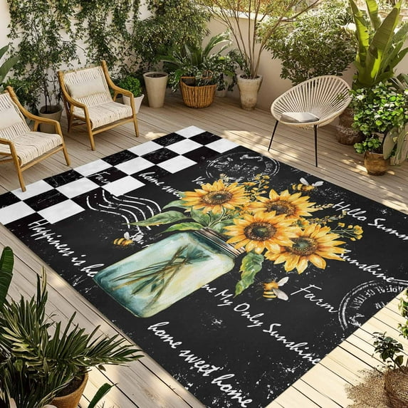 Fsddascl Sunflower Vintage Outdoor Rug for Patio/Deck/Porch, Non-Slip Large Area Rug 4 x 6 Ft, Farmhouse Floral Black Checkered Indoor Outdoor Rugs Washable Area Rugs, Reversible Camping Rug Carpet