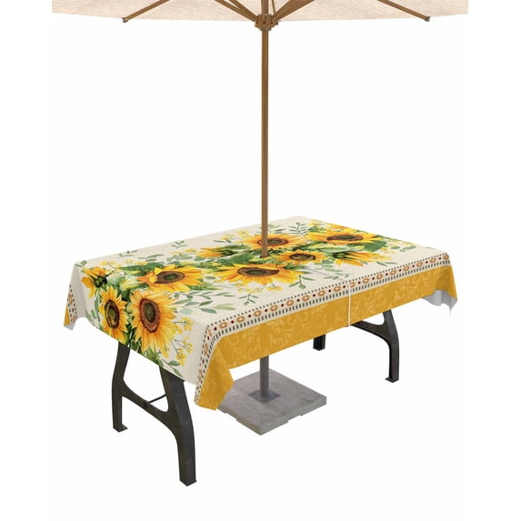 Fsddascl Sunflower Yellow Outdoor Tablecloth - 60x102 Inch Rectangle Table Cover, Retro Southwest Country Plant Leaf Floral Waterproof Outdoor Table Cloth with Umbrella Hole & Zipper for Patio