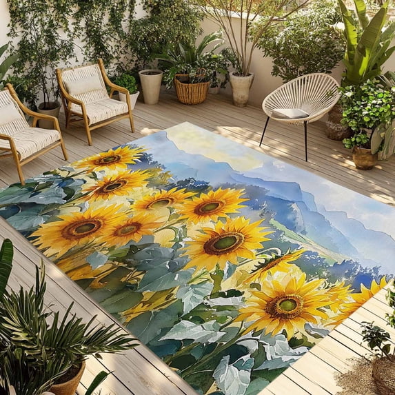 Fsddascl Sunflowers Mountain Outdoor Rug for Patio/Deck/Porch, Non-Slip Large Area Rug 4 x 6 Ft, Summer Botanical Floral Nature Indoor Outdoor Rugs Washable Area Rugs, Reversible Camping Rug Carpet