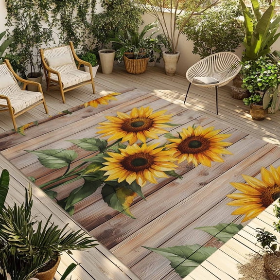 Fsddascl Sunflowers Outdoor Rug for Patio/Deck/Porch, Non-Slip Large Area Rug 4 x 6 Ft, Farmhouse Wooden Grain Botanical Floral Indoor Outdoor Rugs Washable Area Rugs, Reversible Camping Rug Carpet