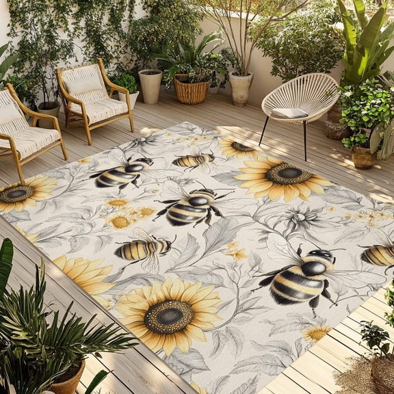 Fsddascl Sunflowers Outdoor Rug for Patio/Deck/Porch, Non-Slip Large Area Rug 5 x 8 Ft, Spring Farm Bees Garden Vintage Indoor Outdoor Rugs Washable Area Rugs, Reversible Camping Rug Carpet Runner