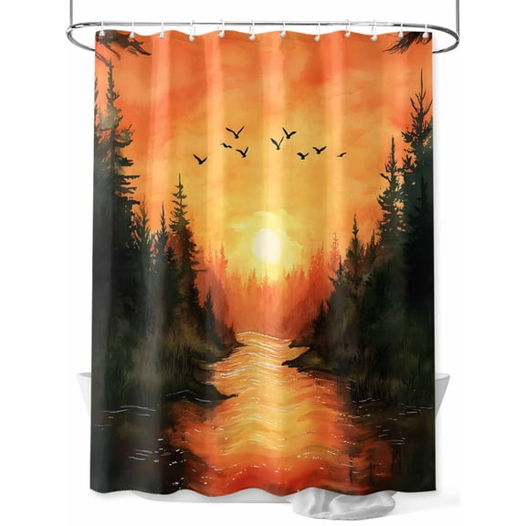 Fsddascl Sunset Forest Shower Curtain Set - Small 36" x 72" Washable Bathtub Curtain with 12 Hooks, Country Orange Sky Trees Nature Scenery Waterproof Fabric Stall Shower Curtains for Bathroom