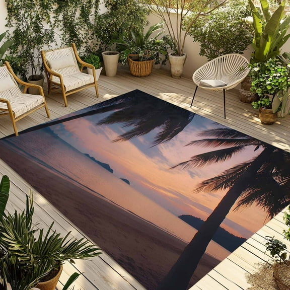 Fsddascl Sunset Summer Outdoor Rug for Patio/Deck/Porch, Non-Slip Large Area Rug 4 x 6 Ft, Seasides Palm Tree Leaves Scene Indoor Outdoor Rugs Washable Area Rugs, Reversible Camping Rug Carpet