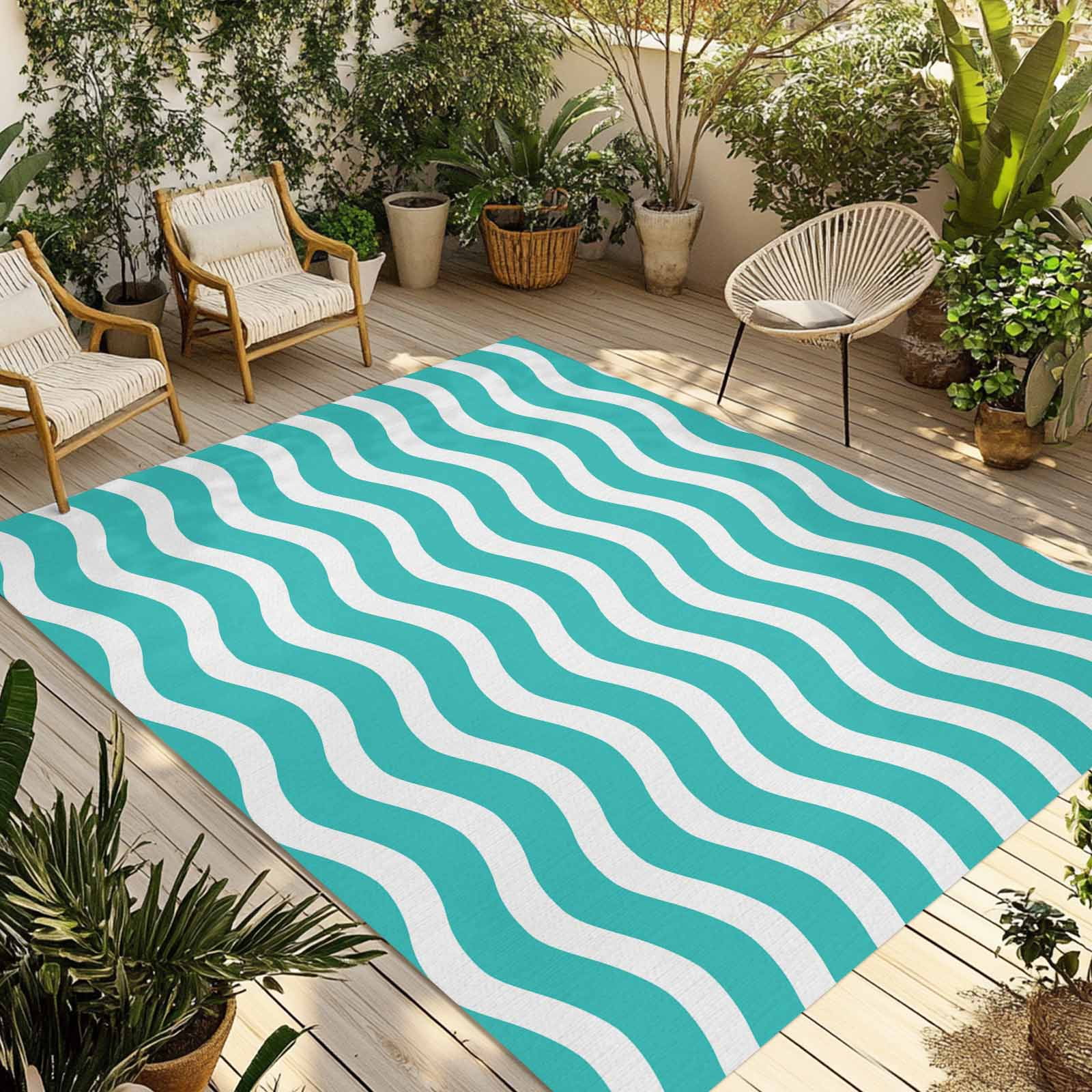 Fsddascl Teal Aqua Moire Ombre Outdoor Rug for Patio/Deck/Porch, Non ...