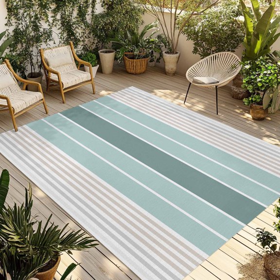 Fsddascl Teal Aqua Stripes Outdoor Rug for Patio/Deck/Porch, Non-Slip Large Area Rug 5 x 8 Ft, Modern Ombre Abstract Aesthetics Indoor Outdoor Rugs Washable Area Rugs, Reversible Camping Rug Carpet