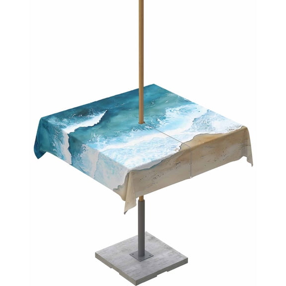 Fsddascl Teal Beach Coastal Outdoor Tablecloth - 54x54 Inch Square Dining Table Cover, Summer Nautical Seaside Ocean Waterproof Outdoor Table Cloth with Umbrella Hole & Zipper for Picnic/Patio/Party