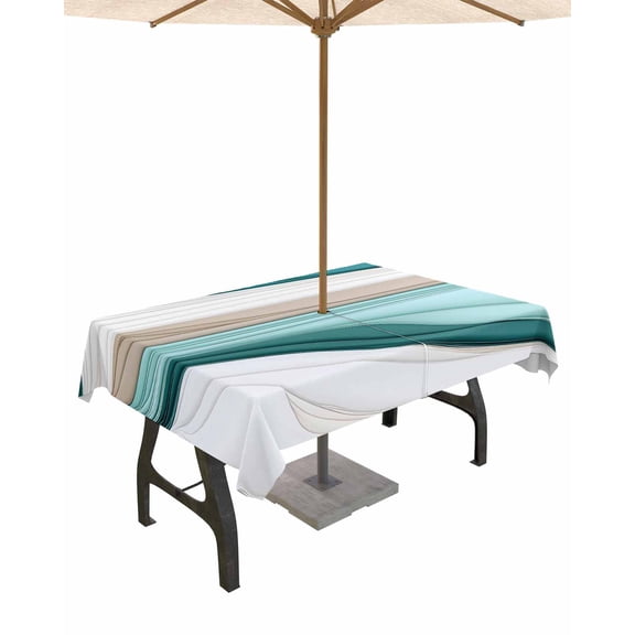Fsddascl Teal Beige Moire Outdoor Tablecloth - 60x120 Inch Rectangle Dining Table Cover, Turquoise Ombre Geometric Waterproof Outdoor Table Cloth with Umbrella Hole & Zipper for Picnic/Patio/Party