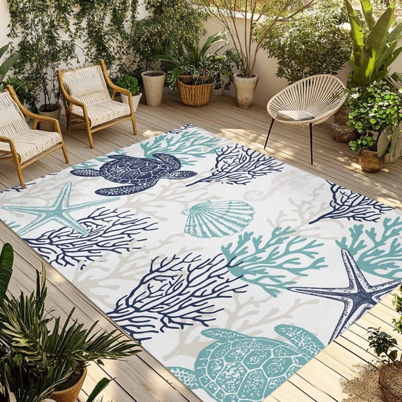 Fsddascl Teal Blue Coastal Outdoor Rug for Patio/Deck, Non-Slip Large Area Rug 4 x 6 Ft, Sea Turtle Nautical Coral Summer Beach Indoor Outdoor Rugs Washable Area Rugs, Reversible Camping Rug Carpet