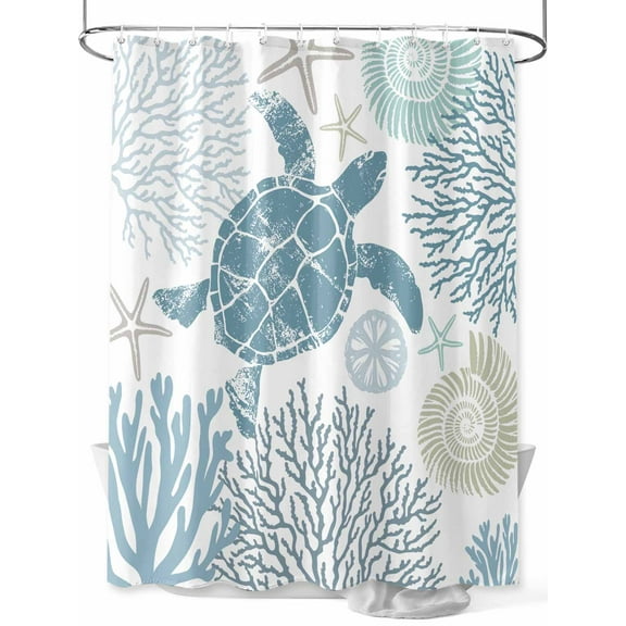 Fsddascl Teal Blue Coastal Turtle Shower Curtain Set - 60" x 72" Washable Bathtub Curtain with 12 Hooks, Ocean Coral Nautical Waterproof Fabric Stall Shower Curtains for Bathroom/Bathtub Décor