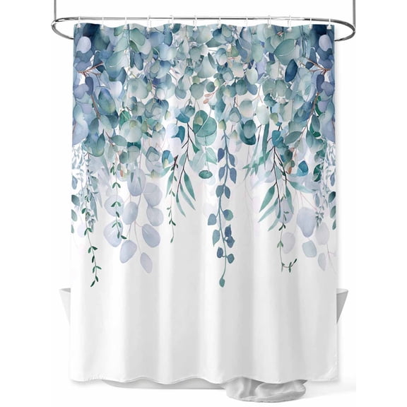 Fsddascl Teal Blue Eucalyptus Leaves Shower Curtain Set - 36" x 78" Bathtub Curtain with 12 Hooks, Spring Floral Summer Botanical Waterproof Fabric Stall Shower Curtains for Bathroom/Bathtub