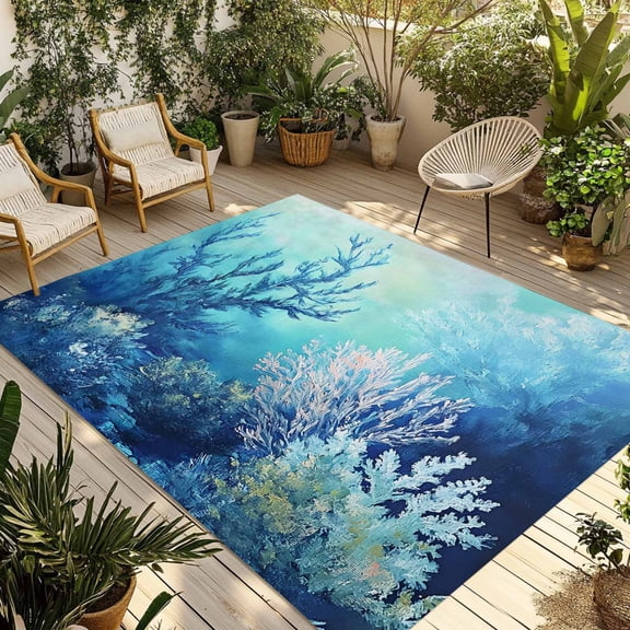 Fsddascl Teal Blue Ocean Outdoor Rug for Patio/Deck/Porch, Non-Slip Large Area Rug 5 x 8 Ft, Summer Watercolor Sea Plant Indoor Outdoor Rugs Washable Area Rugs, Reversible Camping Rug Carpet Runner