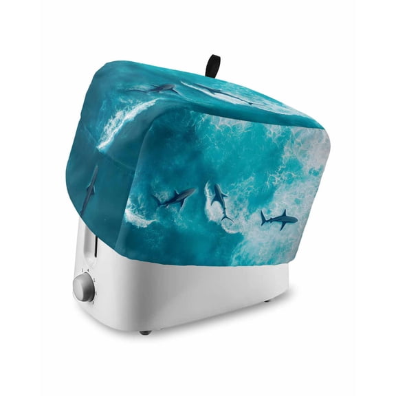 Fsddascl Teal Blue Ocean Shark Toaster Cover 4 Slice, Large Kitchen Appliance Covers, Coastal Wave Summer Beach Toaster Oven Cover with Loop, Bread Machine Cover Polyester Dust Cover Protection
