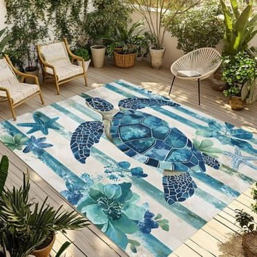 Fsddascl Teal Blue Turtle Coastal Outdoor Rug for Patio/Deck/Porch, Non-Slip Large Area Rug 4 x 6 Ft, Vintage Stripe Botanical Beach Indoor Outdoor Rugs Washable Area Rugs, Camping Rug Carpet