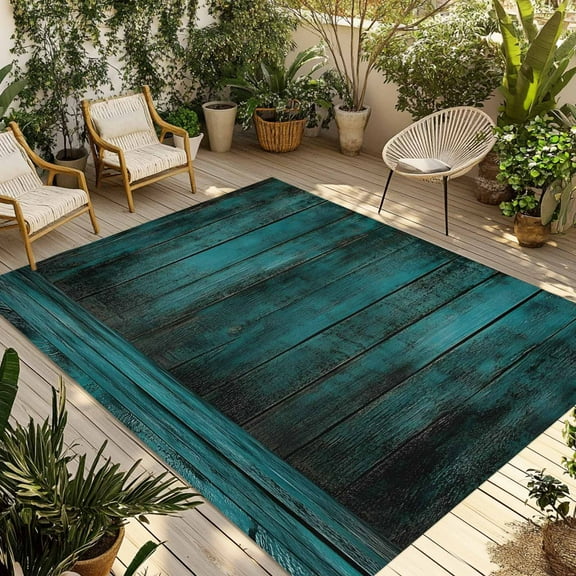 Fsddascl Teal Board Outdoor Rug for Patio/Deck/Porch, Non-Slip Large Area Rug 4 x 6 Ft, Vintage Chic Wooden Grain Indoor Outdoor Rugs Washable Area Rugs, Reversible Camping Rug Carpet Runner