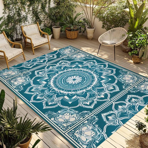 Fsddascl Teal Boho Outdoor Rug for Patio/Deck/Porch, Non-Slip Large Area Rug 4 x 6 Ft, Ethnic Chic Rustic Abstract Floral Aesthetic Indoor Outdoor Rugs Washable Area Rugs, Camping Rug Carpet