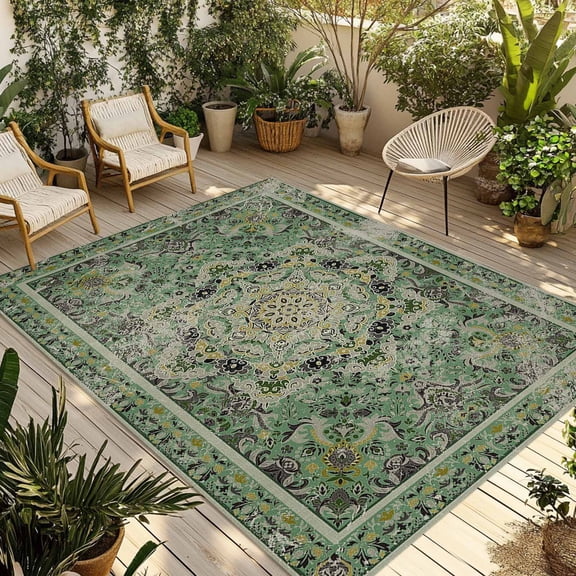 Fsddascl Teal Boho Outdoor Rug for Patio/Deck/Porch, Non-Slip Large Area Rug 5 x 8 Ft, Ehtnic Modern Geometric Abstract Art Indoor Outdoor Rugs Washable Area Rugs, Reversible Camping Rug Carpet