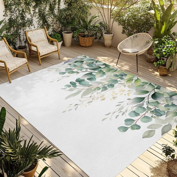 Fsddascl Teal Botanical Outdoor Rug for Patio/Deck, Non-Slip Large Area Rug 6 x 9 Ft, Sage Green Eucalyptus Leaves Watercolor Indoor Outdoor Rugs Washable Area Rugs, Reversible Camping Rug Carpet