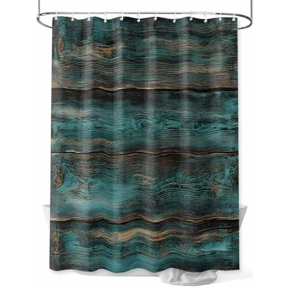 Fsddascl Teal Brown Plank Prints Shower Curtain Set - Small 36" x 72" Washable Bathtub Curtain with 12 Hooks, Farmhouse Vintage Wooden Grain Waterproof Fabric Stall Shower Curtains for Bathroom