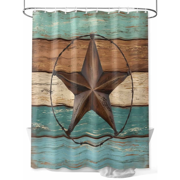 Fsddascl Teal Brown Shower Curtain Set - Small 36" x 72" Washable Bathtub Curtain with 12 Hooks, Country Texas Star Farmhouse Barn Door Wood Waterproof Fabric Stall Shower Curtains for Bathroom