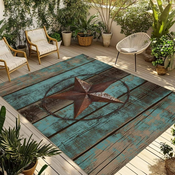 Fsddascl Teal Brown Texas Star Outdoor Rug for Patio/Deck/Porch, Non-Slip Large Area Rug 4 x 6 Ft, Vintage Star Wooden Indoor Outdoor Rugs Washable Area Rugs, Reversible Camping Rug Carpet Runner