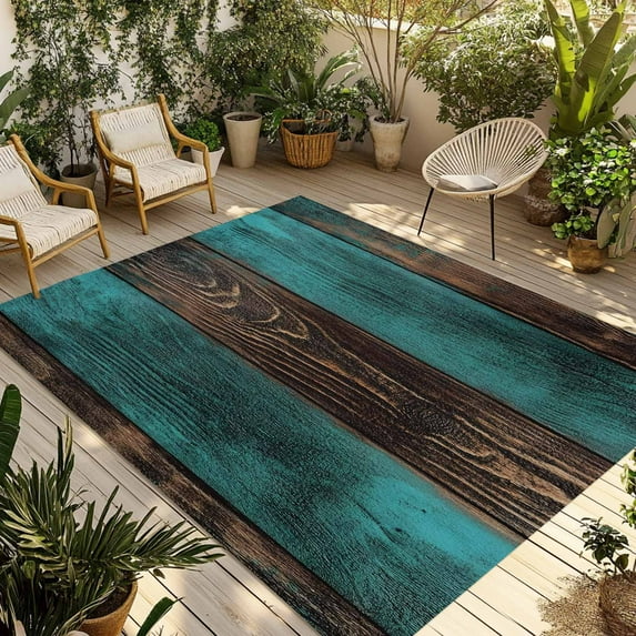 Fsddascl Teal Brown Wood Outdoor Rug for Patio/Deck/Porch, Non-Slip Large Area Rug 5 x 8 Ft, Vintage Simple Chic Board Indoor Outdoor Rugs Washable Area Rugs, Reversible Camping Rug Carpet Runner