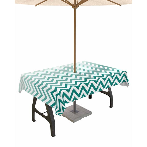 Fsddascl Teal Chevron Outdoor Tablecloth - 52x70 Inch Rectangle Dining Table Cover, Ombre Geometric Ocean Wave V-shaped Waterproof Outdoor Table Cloth with Umbrella Hole & Zipper for Picnic/Patio